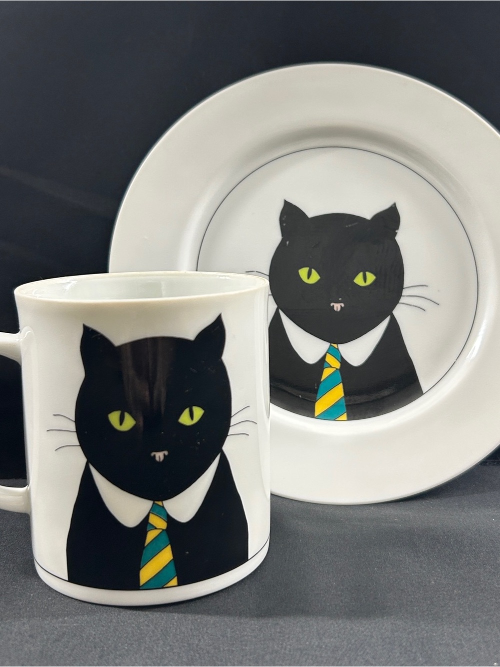 Dept 56 Cats Meow Black Cat Mug & Snack Plate Set Vintage 1990s